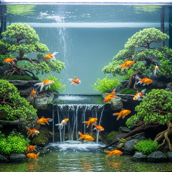 Stunning Goldfish Tank with Japanese Bonsai and Waterfall