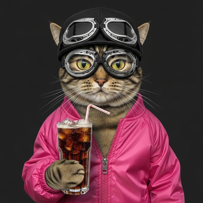Stylish Cat in Pink Jacket with Goggles and Black Cap