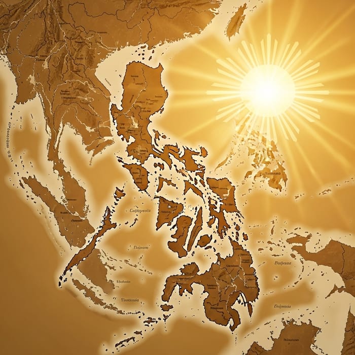Philippine Map with Radiant Sun | Golden Sky Backdrop Philippine Map with Radiant Sun | Golden Sky Backdrop