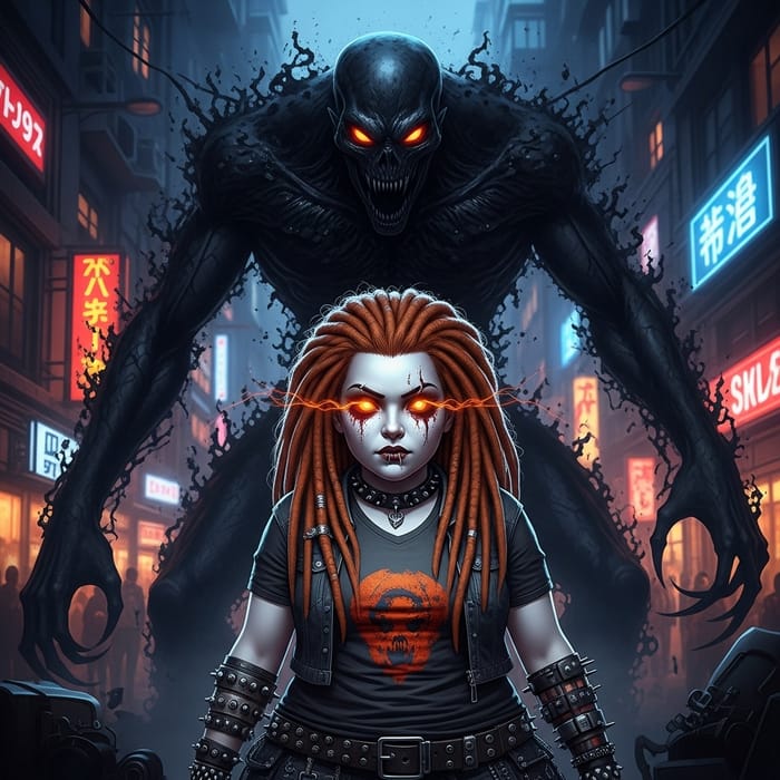Ginger Vampiress in Punk City Night: Hyperdetailed Horror Scene Ginger Vampiress in Punk City Night: Hyperdetailed Horror Scene