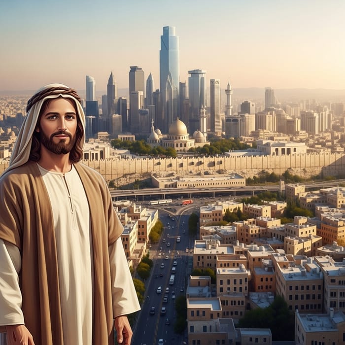 Jesus in New Jerusalem - Symbolic Modern City Illustration