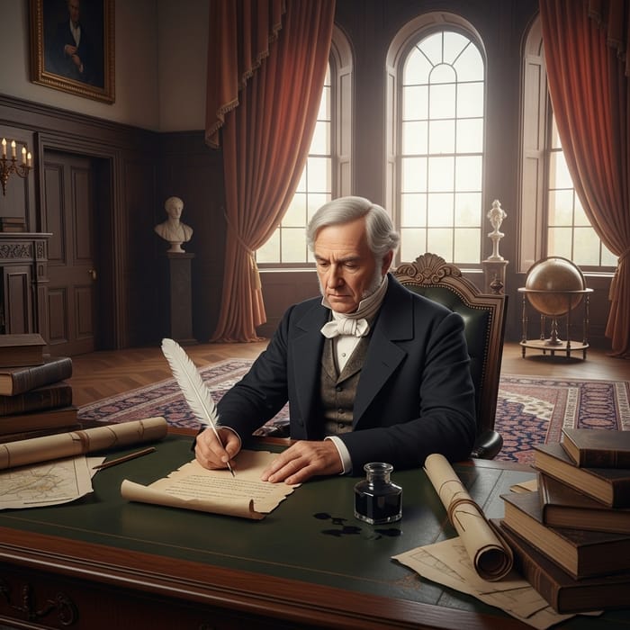 Andrew Jackson Writing at Resolute Desk in Oval Office with Quill Pen