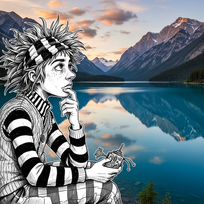Beetlejuice Contemplates Nature | Vibrant Mountain Lake Landscape