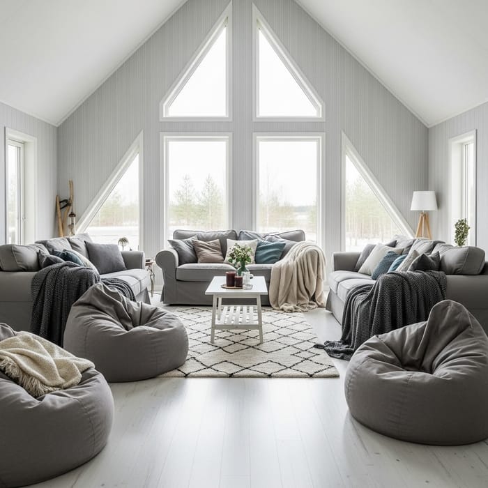 Cozy Cottagecore Living Room with High Ceiling and Lush Couches