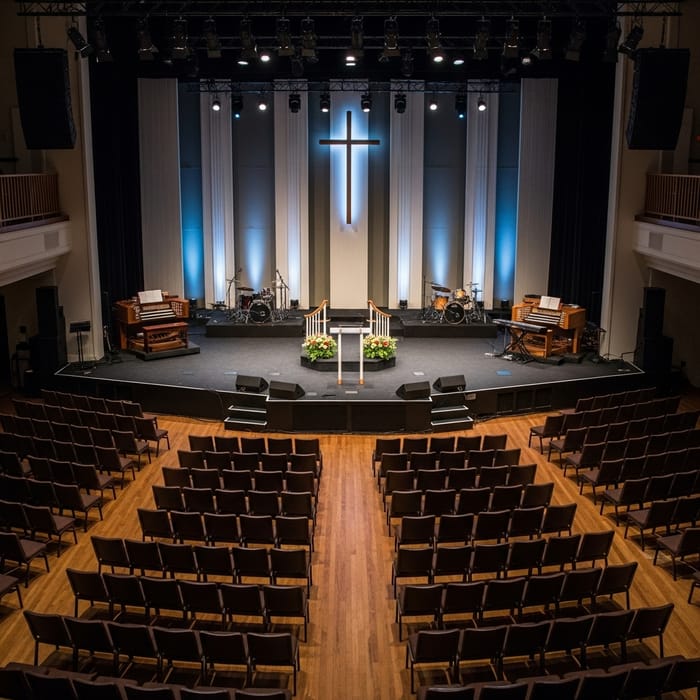 Captivating 500 Sq Ft Stage Setup with 60 Chairs & Pulpit Captivating 500 Sq Ft Stage Setup with 60 Chairs & Pulpit