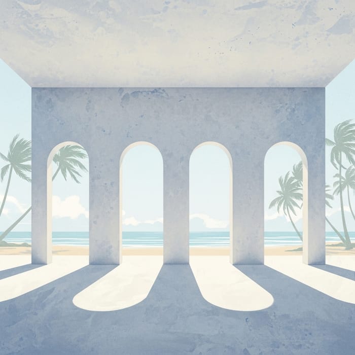 Tranquil Beach Landscape with Arched Portals Overlooking Ocean Tranquil Beach Landscape with Arched Portals Overlooking Ocean