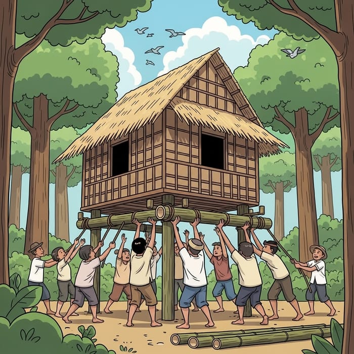 Forest Bayanihan: Villagers Collaboratively Placing Bamboo Poles Forest Bayanihan: Villagers Collaboratively Placing Bamboo Poles