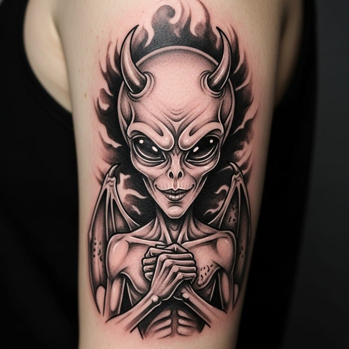 Striking Alien Tattoo in Black & White Palette Striking Alien Tattoo in Black & White Palette