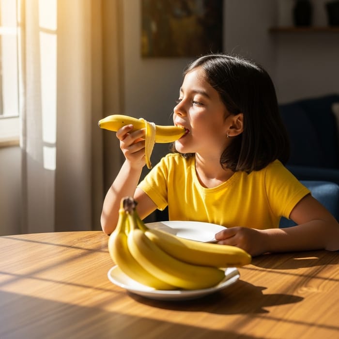 Happy Hispanic Girl Eating Banana - Nutritious and Joyful Snack