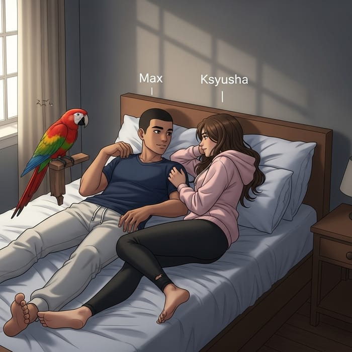 Max and Ksyusha, 18-Year-Old Characters on Bed with Parrot