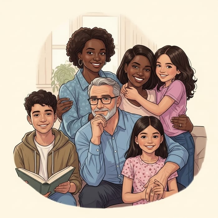 Joyful Family Portrait: Wise Dad, Strong Mom, Caring Kids