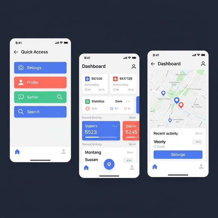 Mobile App Design: Quick Access Buttons, Dashboard, Map
