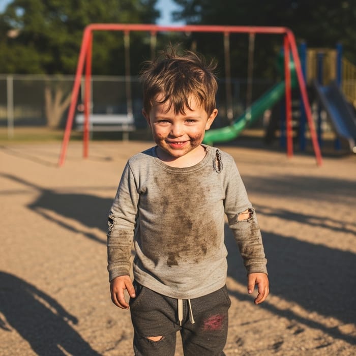 Bruised Little Boy in Tattered Clothes Playing Outdoors