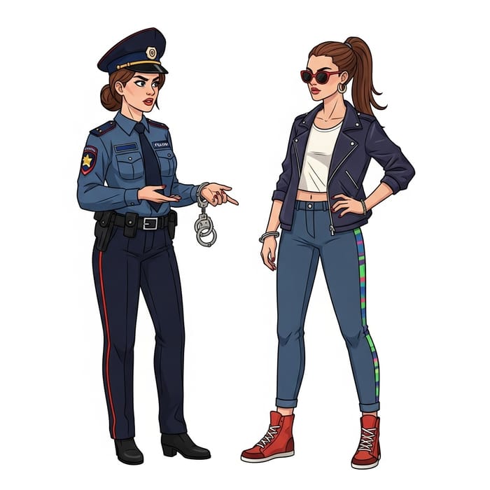 Confident Girl Detained by Serious Policeman in Slavic Arrest Scene Confident Girl Detained by Serious Policeman in Slavic Arrest Scene