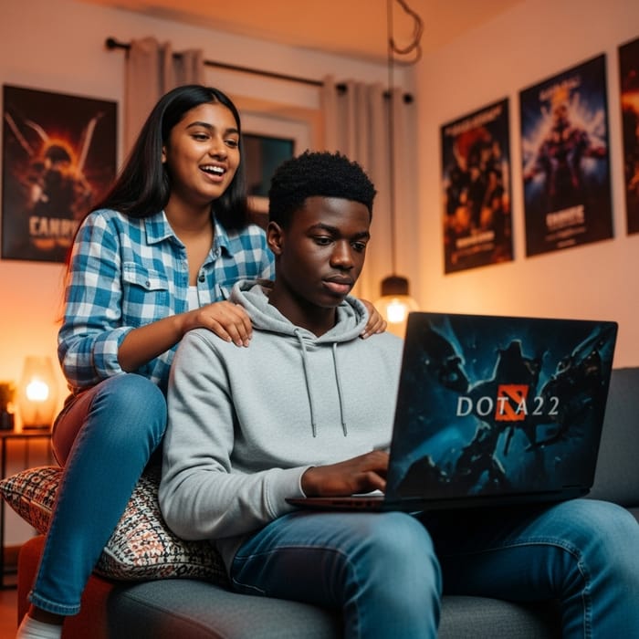 Playful Teenage Girl Sitting on Boy's Lap in Dota 2 Session Playful Teenage Girl Sitting on Boy's Lap in Dota 2 Session