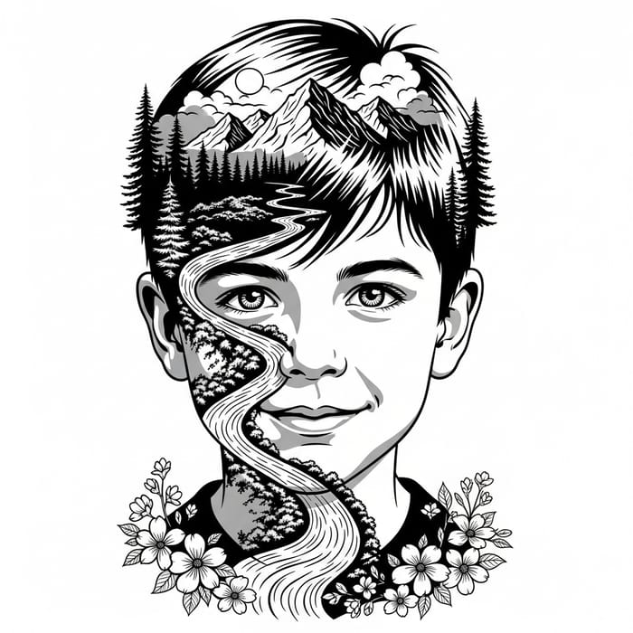 Serene Nature Scene - Boy's Face Stencil Art Serene Nature Scene - Boy's Face Stencil Art