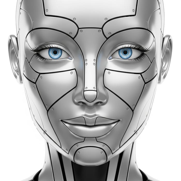 Elegant Feminine Bot Face with Subtle Smile on White Background Elegant Feminine Bot Face with Subtle Smile on White Background
