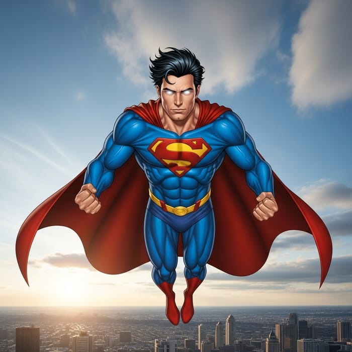Superhero Soaring in Vibrant Blue Costume Superhero Soaring in Vibrant Blue Costume