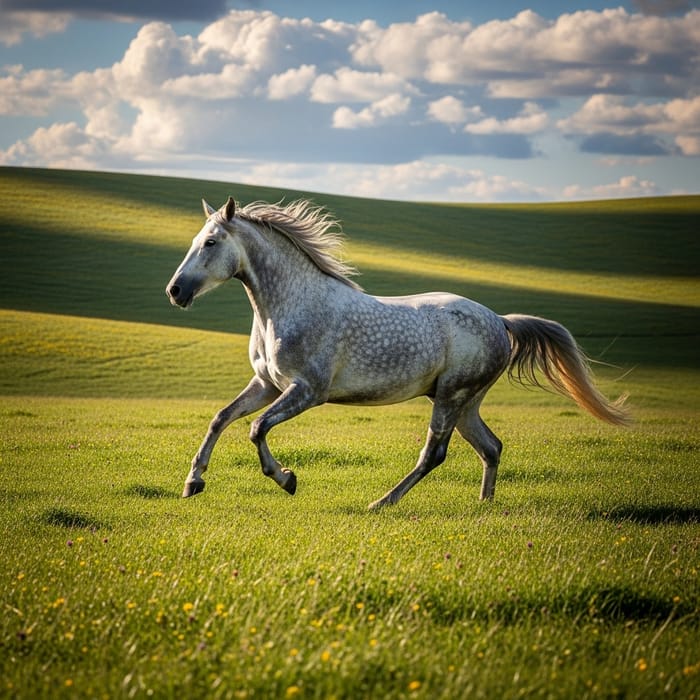 Majestic Grey Horse Running in Green Field