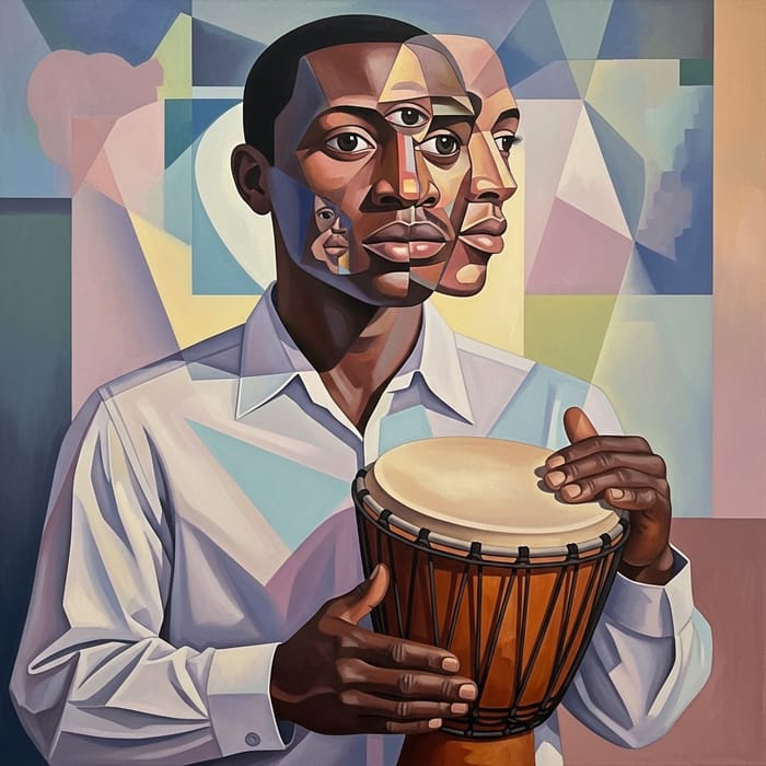 Cubist African American Man Playing Djembe Drum Cubist African American Man Playing Djembe Drum