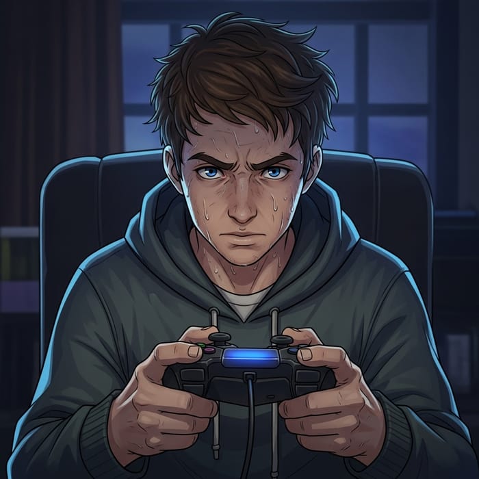 Sweaty Fortnite Player - Intense Gaming Focus and Determination Sweaty Fortnite Player - Intense Gaming Focus and Determination