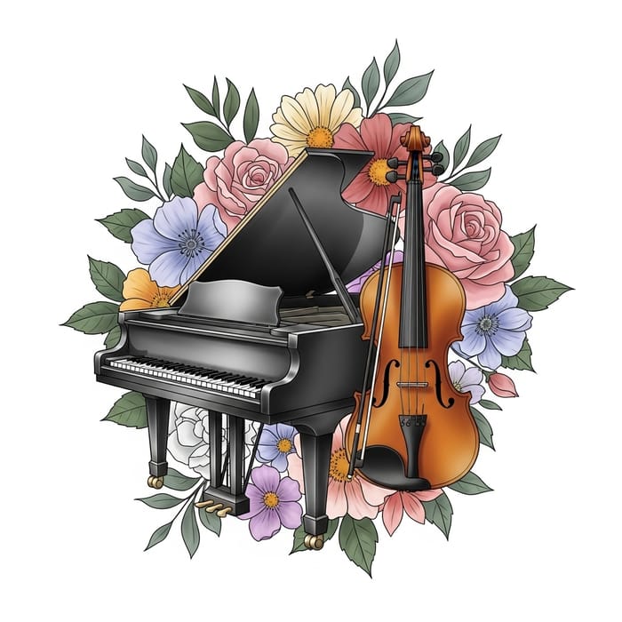 Elegant Piano and Violin Tattoo with Floral Accents