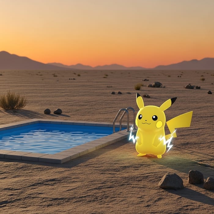 Pikachu in Desert Landscape with Blue Pool Pikachu in Desert Landscape with Blue Pool