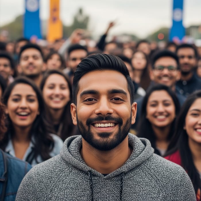 Realistic Portrait of Vietnamese Man Amid Crowd, Wide Format Shot
