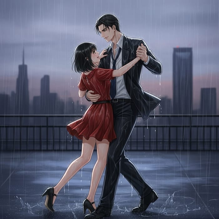 Romantic Rain Dance: Jumin Han Lookalike & Short-Haired Girl in Red Dress