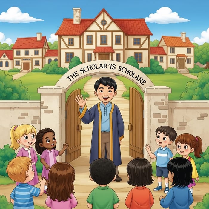 Whimsical Village Illustration - Scholar Tasio Welcomes Children Whimsical Village Illustration - Scholar Tasio Welcomes Children