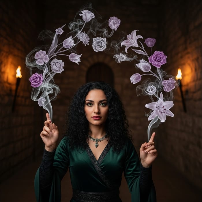 Beautiful Witch Conjuring Smoke Flowers in Castle Beautiful Witch Conjuring Smoke Flowers in Castle