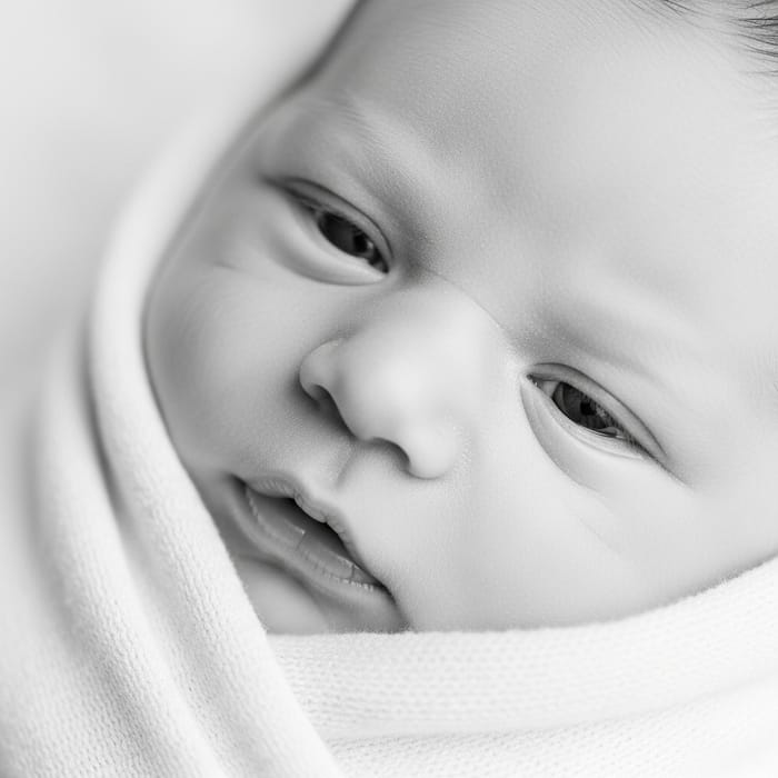 Innocent Newborn Baby Wrapped in Soft Blanket - Black and White Photo