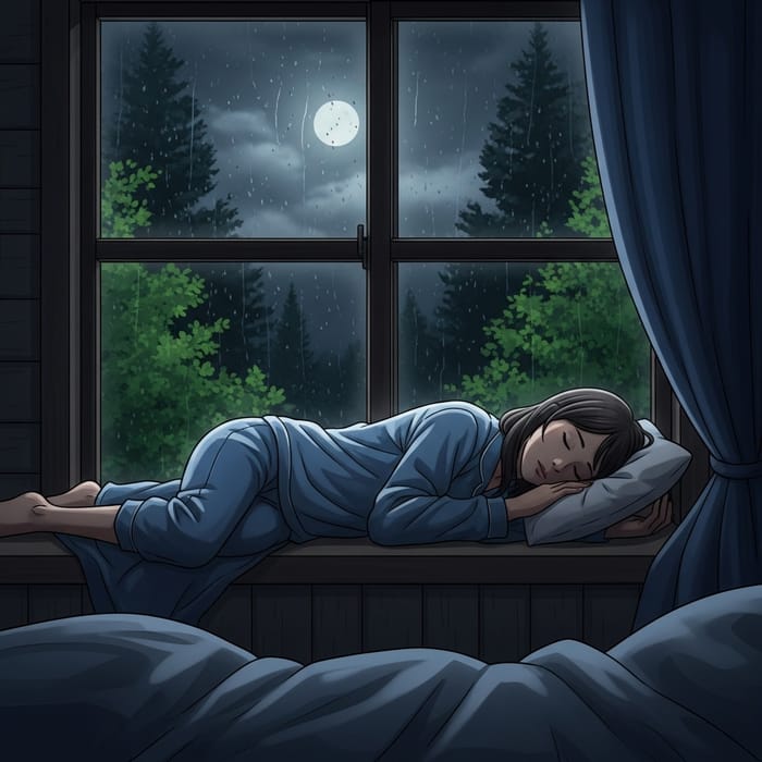 Tranquil Window Scene: Serene Asian Woman Resting Amidst Rainy Forest Views