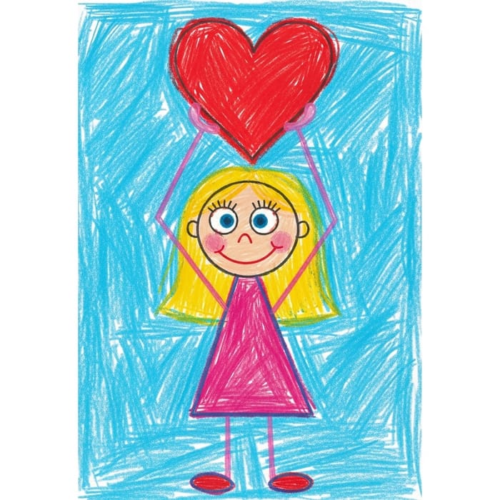 Child's Drawing of Girl Holding Heart | Vivid & Colorful Art