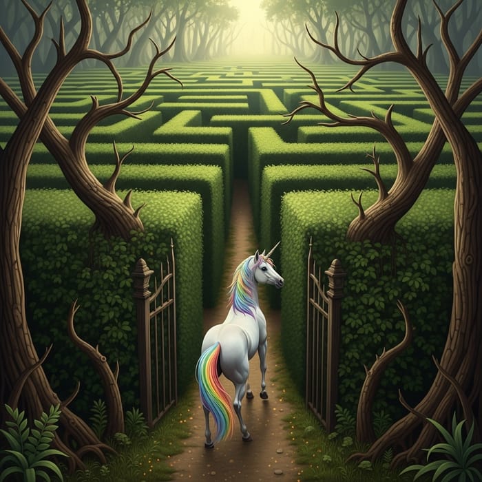 Enigmatic Forest Maze: Sparkle the White Unicorn's Mystical Journey Enigmatic Forest Maze: Sparkle the White Unicorn's Mystical Journey