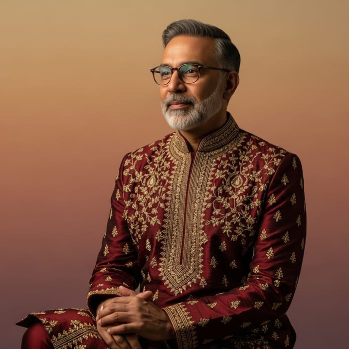 Middle-Aged South Asian Man Portrait with Thoughtful Expression Middle-Aged South Asian Man Portrait with Thoughtful Expression