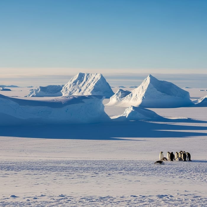 Tranquil Antarctic Beauty: Snow-covered Plains & Emperor Penguins