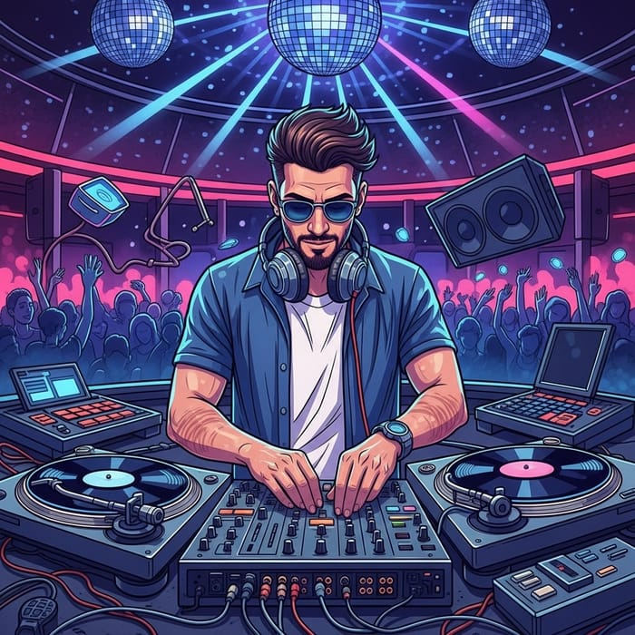 Multiracial DJ Mixing Music Illustration in Neon Color Scheme Multiracial DJ Mixing Music Illustration in Neon Color Scheme