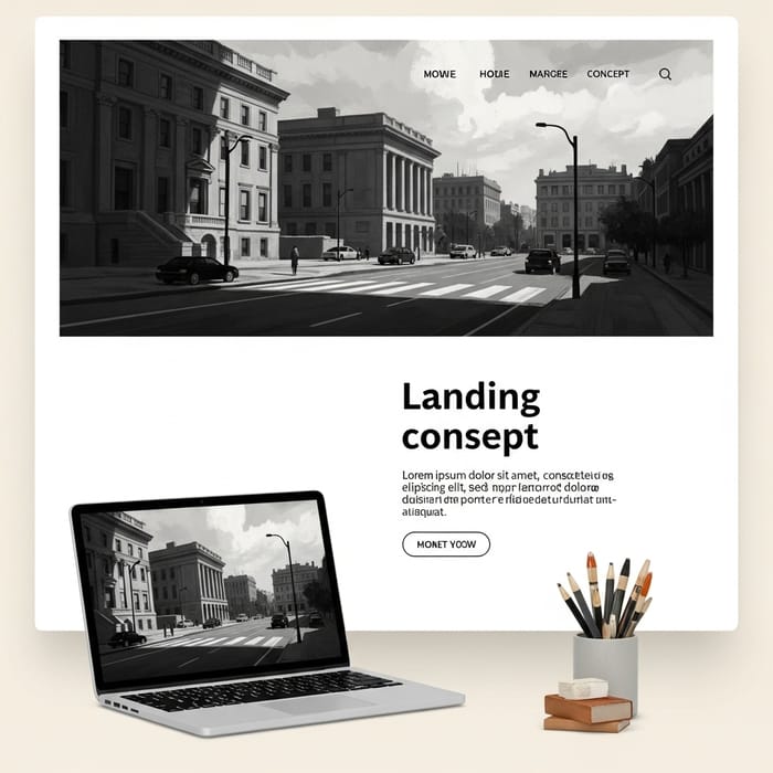 Vintage Black-and-White Poster Landing Page | Chiaroscuro Lighting Details