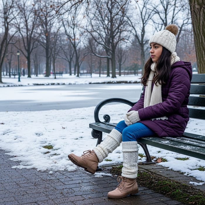 Chic Girl on Bench in Winter Park Scene Chic Girl on Bench in Winter Park Scene