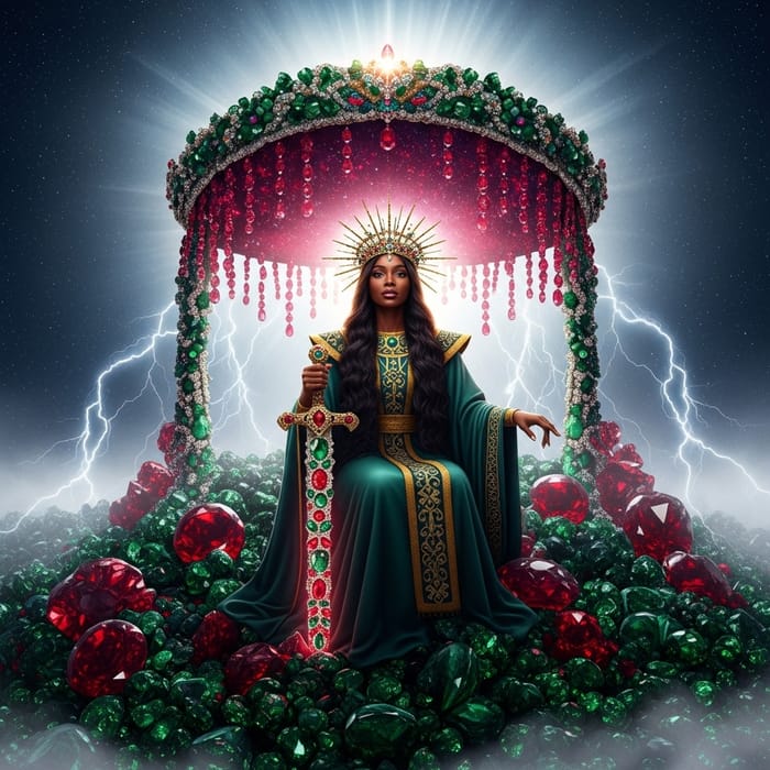 Divine Authority: Majestic Black Woman on Ruby-Emerald Mountain Divine Authority: Majestic Black Woman on Ruby-Emerald Mountain