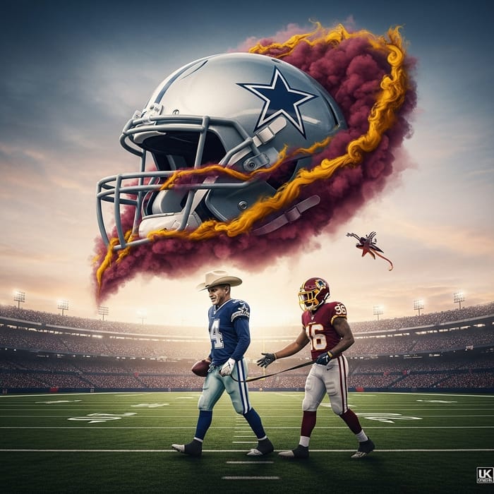 8K Detailed Image: Dallas Cowboy Leads Washington Commando on Leash with Maroon and Gold Accents