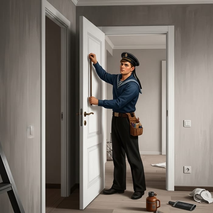 Vintage Russian Sailor Installing Interior Door in Renovated Apartment