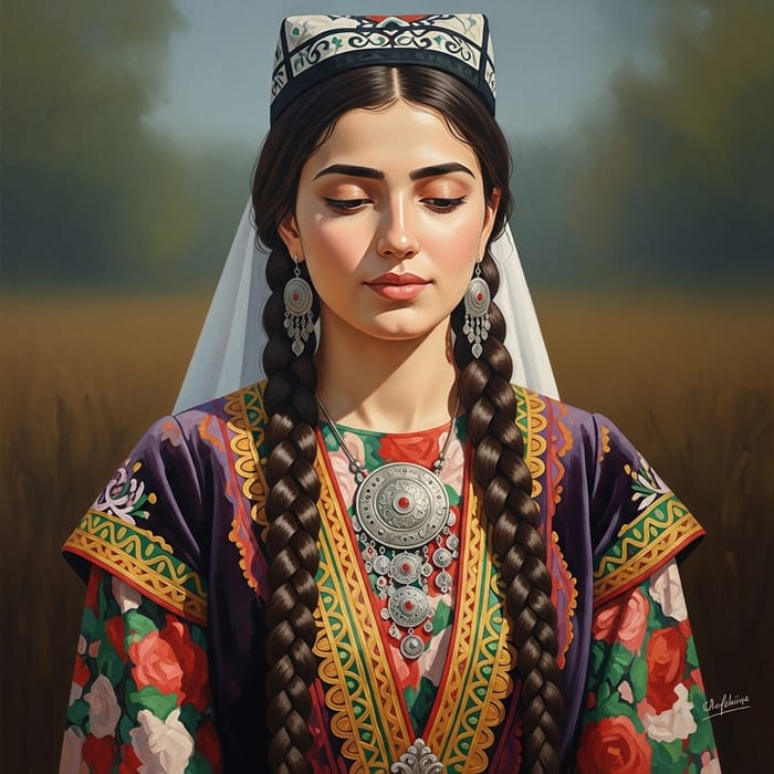 Tajik Girl in National Dress | Oil Painting of 25-Year-Old Tajik Girl in National Dress | Oil Painting of 25-Year-Old