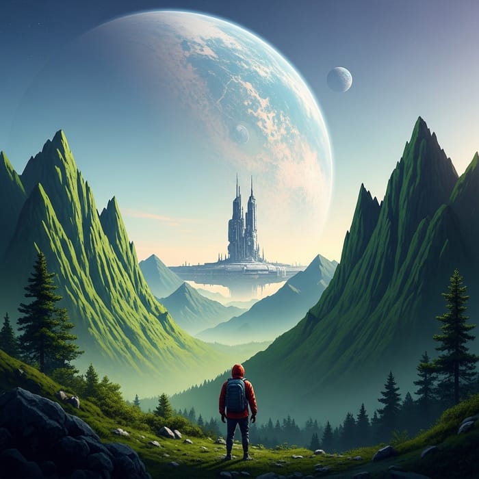 Dreamlike Surreal Mountain Landscape with Massive Planet and Metallic Object Dreamlike Surreal Mountain Landscape with Massive Planet and Metallic Object