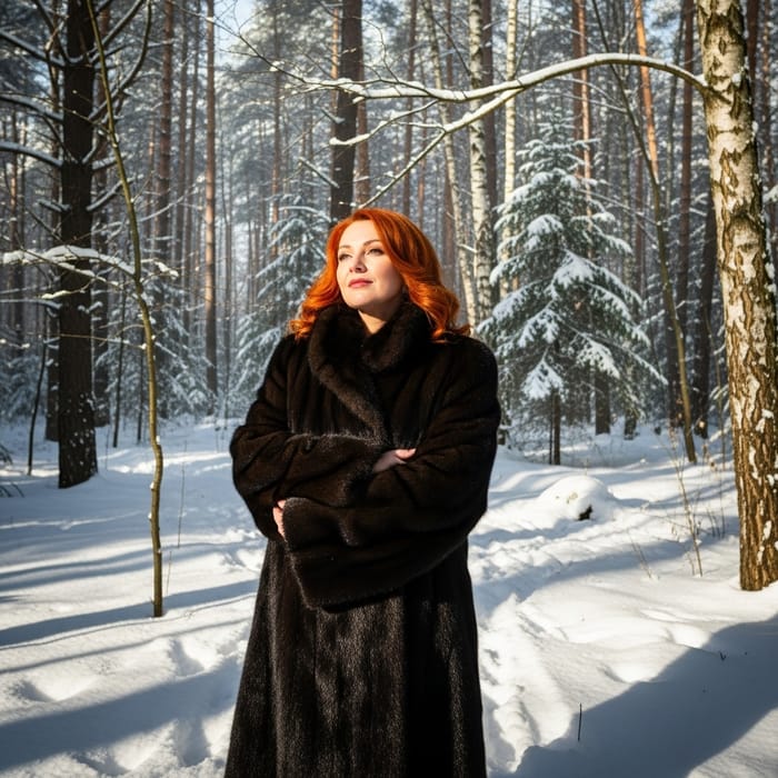 Red-Haired Woman in Fur Coat - Forest Setting
