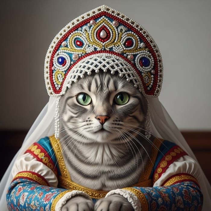Portrait of a Female Grey Tabby Cat in Kokoshnik Hat Portrait of a Female Grey Tabby Cat in Kokoshnik Hat