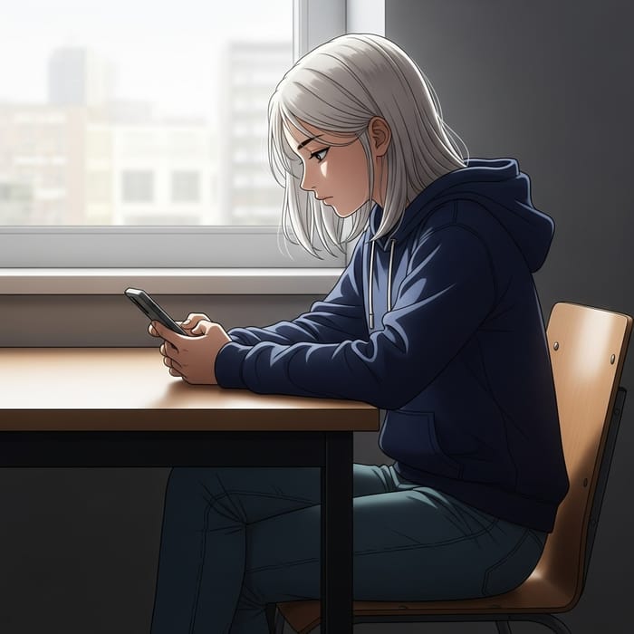 Tranquil 14-Year-Old Girl Absorbed in Smartphone at Table