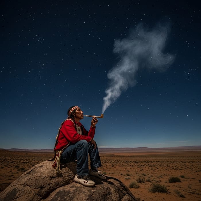 Mystical Indigenous Man Smoking Pipe Under Starlit Sky Mystical Indigenous Man Smoking Pipe Under Starlit Sky