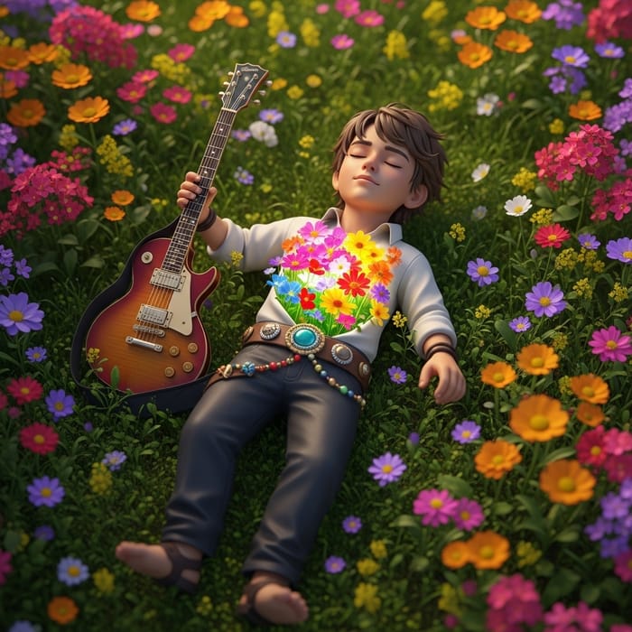 Rock Star Serenade: Guitarist in Blooming Meadow